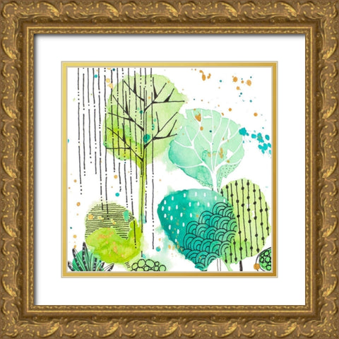 Green Stamped Leaves Square II Gold Ornate Wood Framed Art Print with Double Matting by Krinlox