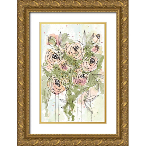 Blush and Green Floral Gold Ornate Wood Framed Art Print with Double Matting by Krinlox