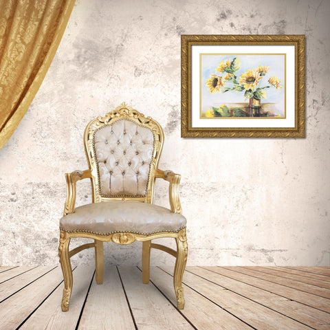 Sunflowers on Golden Vase Gold Ornate Wood Framed Art Print with Double Matting by French-Roussia, Heather A.