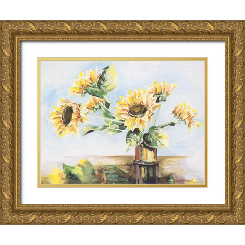 Sunflowers on Golden Vase Gold Ornate Wood Framed Art Print with Double Matting by French-Roussia, Heather A.