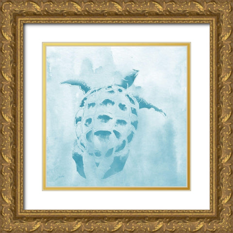 Washed Teal Aquatic Turtle Gold Ornate Wood Framed Art Print with Double Matting by Medley, Elizabeth