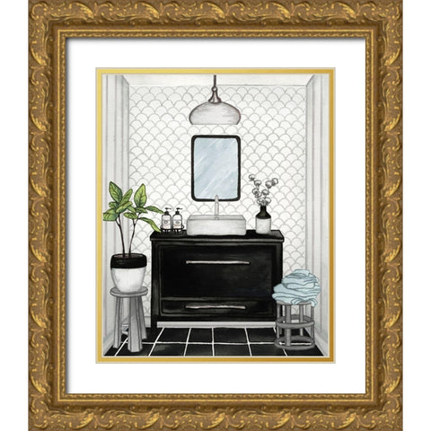 Modern Black and White Bath II Gold Ornate Wood Framed Art Print with Double Matting by Medley, Elizabeth