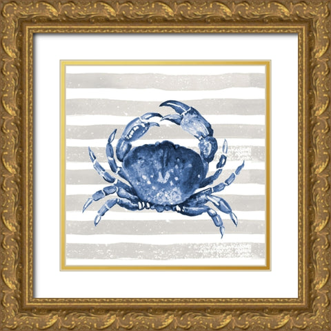 Blue Crab On Wide Stripes Gold Ornate Wood Framed Art Print with Double Matting by Pinto, Patricia