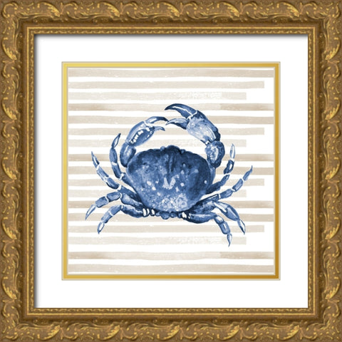 Blue Crab On Stripes Gold Ornate Wood Framed Art Print with Double Matting by Pinto, Patricia