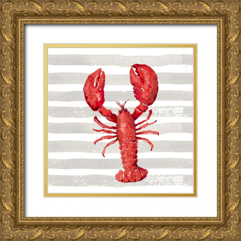 Red Lobster On Wide Stripes Gold Ornate Wood Framed Art Print with Double Matting by Pinto, Patricia