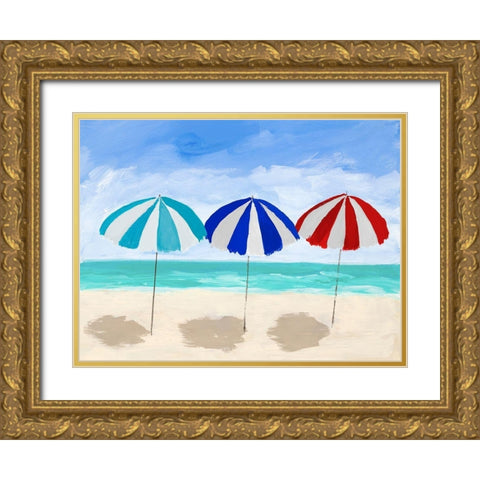 Beach Umbrella Trio Gold Ornate Wood Framed Art Print with Double Matting by DeRice, Julie