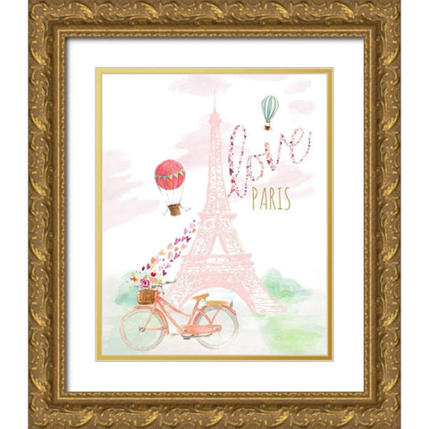 Pink Eiffel Bike Ride Gold Ornate Wood Framed Art Print with Double Matting by Loreth, Lanie