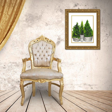 Evergreens in Galvanized Tins Gold Ornate Wood Framed Art Print with Double Matting by Medley, Elizabeth