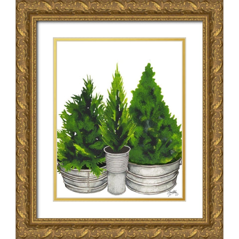 Evergreens in Galvanized Tins Gold Ornate Wood Framed Art Print with Double Matting by Medley, Elizabeth