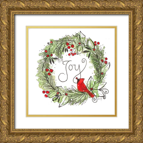 Joyful Cardinal Wreath Gold Ornate Wood Framed Art Print with Double Matting by Krinlox