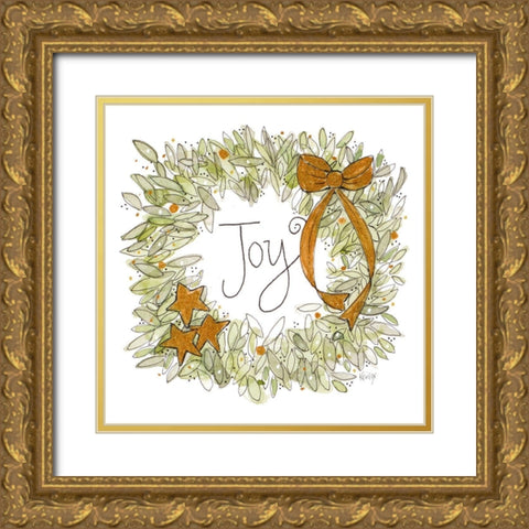 Joyful Wreath with Gold Ribbons Gold Ornate Wood Framed Art Print with Double Matting by Krinlox