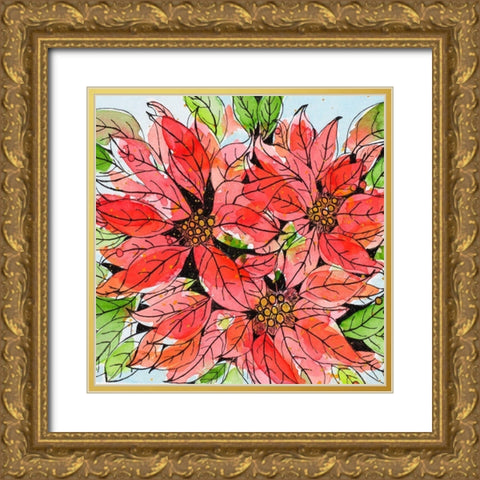 Vibrant Poinsettias I Gold Ornate Wood Framed Art Print with Double Matting by Krinlox