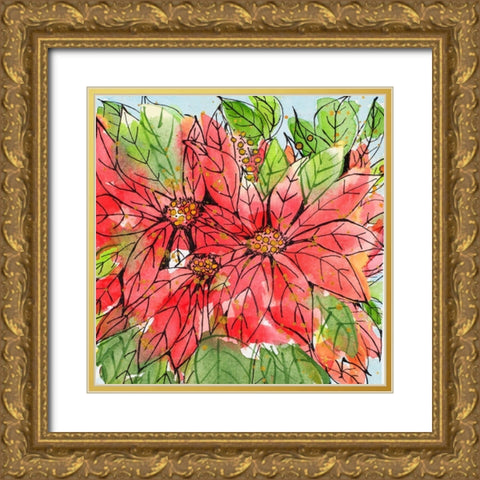 Vibrant Poinsettias II Gold Ornate Wood Framed Art Print with Double Matting by Krinlox