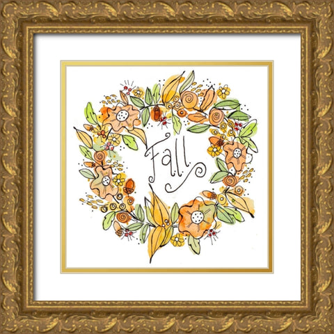 Fall Wreath Gold Ornate Wood Framed Art Print with Double Matting by Krinlox