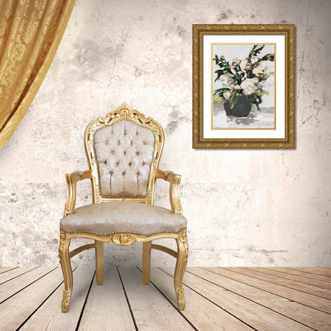 White Potted Roses Gold Ornate Wood Framed Art Print with Double Matting by Slivka, Jane