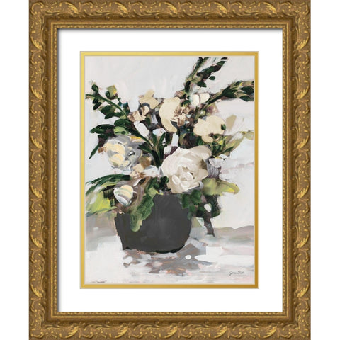 White Potted Roses Gold Ornate Wood Framed Art Print with Double Matting by Slivka, Jane