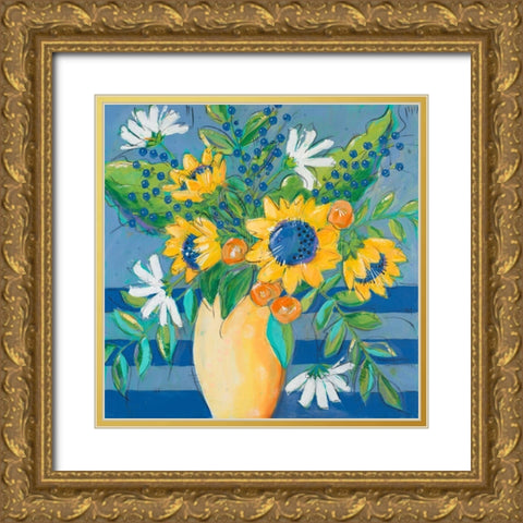 Floral Bursts Among the Blue Gold Ornate Wood Framed Art Print with Double Matting by Krinlox