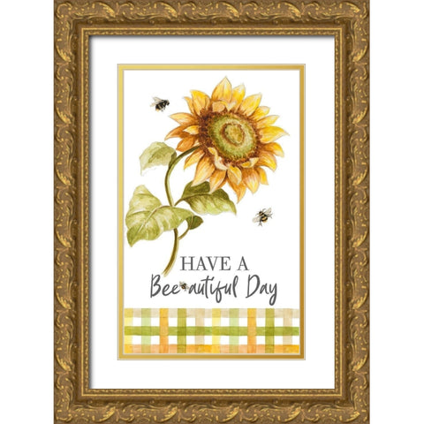 Harvest Sunflower Bee With Plaid Gold Ornate Wood Framed Art Print with Double Matting by Pinto, Patricia