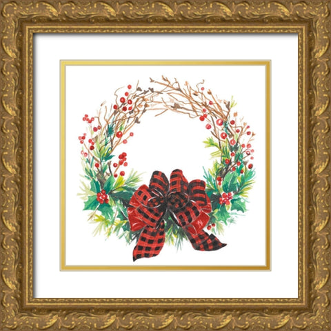 Christmas Holly Wreath Gold Ornate Wood Framed Art Print with Double Matting by Pinto, Patricia