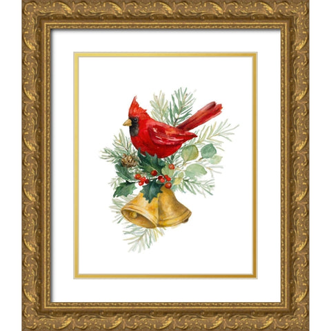 Northern Cardinal on Holiday Bells Gold Ornate Wood Framed Art Print with Double Matting by Loreth, Lanie
