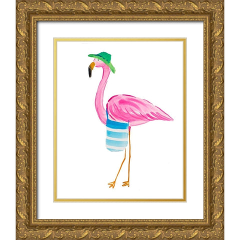 Beach Flamingo I Gold Ornate Wood Framed Art Print with Double Matting by DeRice, Julie
