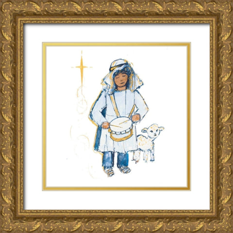 Drummer Boy And Lamb (blue and gold) Gold Ornate Wood Framed Art Print with Double Matting by Maria, Robin