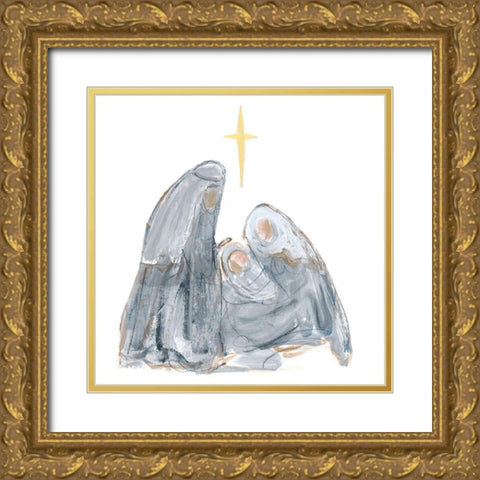 Gray and Gold Nativity with Star Gold Ornate Wood Framed Art Print with Double Matting by Maria, Robin