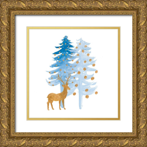 Blue and Gold Christmas Forest Gold Ornate Wood Framed Art Print with Double Matting by Maria, Robin