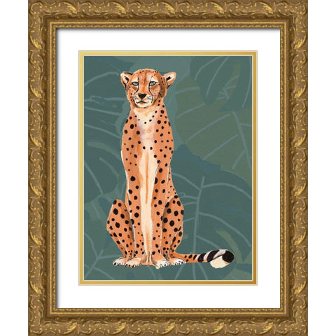 Cheetah Retro On Leaf Pattern Gold Ornate Wood Framed Art Print with Double Matting by Pinto, Patricia