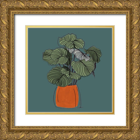 The Retro Pot On Teal I Gold Ornate Wood Framed Art Print with Double Matting by Pinto, Patricia