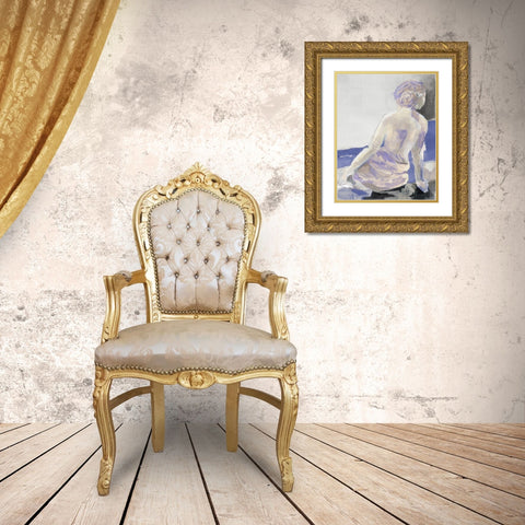 Periwinkle Seated Nude Gold Ornate Wood Framed Art Print with Double Matting by Loreth, Lanie