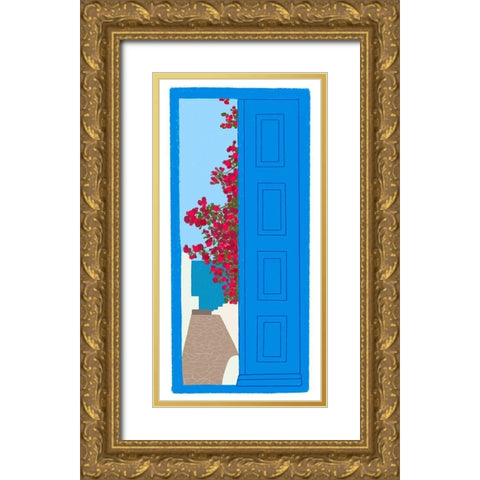 Blue Santorini Door Gold Ornate Wood Framed Art Print with Double Matting by Amaya