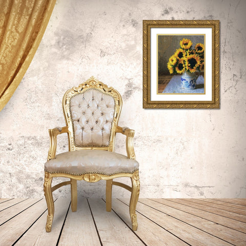 Sunflowers in Pitcher Gold Ornate Wood Framed Art Print with Double Matting by Medley, Elizabeth