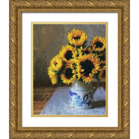 Sunflowers in Pitcher Gold Ornate Wood Framed Art Print with Double Matting by Medley, Elizabeth