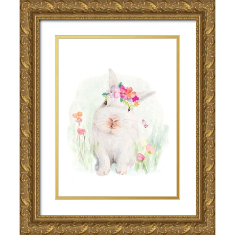 White Bunny With Flower Bonnet Gold Ornate Wood Framed Art Print with Double Matting by Loreth, Lanie