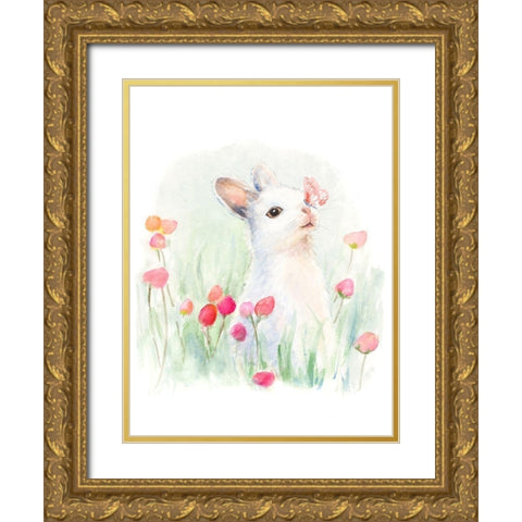 White Bunny and Butterfly Gold Ornate Wood Framed Art Print with Double Matting by Loreth, Lanie