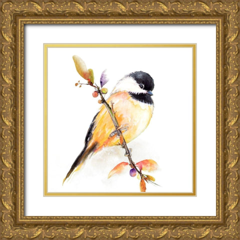 Watercolor Chickadee I Gold Ornate Wood Framed Art Print with Double Matting by Diannart