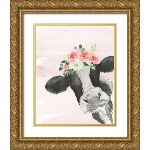 Crowned Cow on Pink Gold Ornate Wood Framed Art Print with Double Matting by Price, Lucille