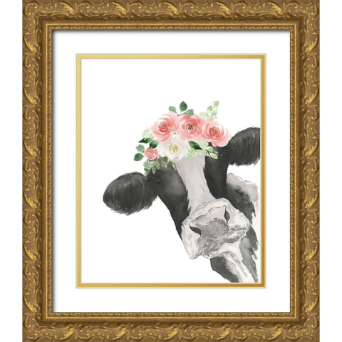Hello Cow With Flower Crown Gold Ornate Wood Framed Art Print with Double Matting by Price, Lucille