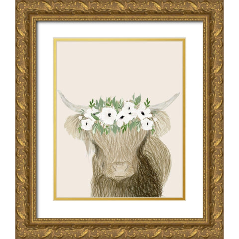 Floral Crowned Bull Gold Ornate Wood Framed Art Print with Double Matting by Price, Lucille