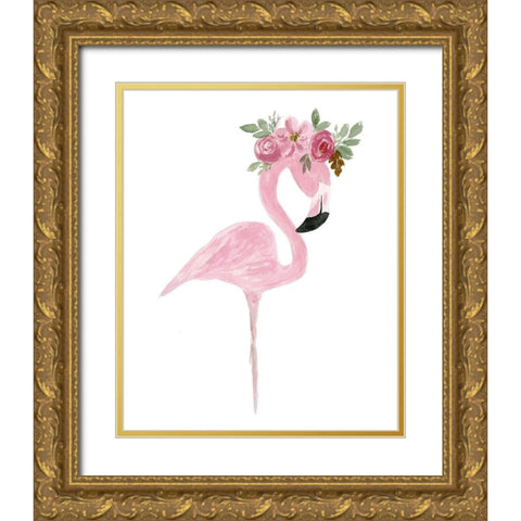 Pink Floral Crown Flamingo Gold Ornate Wood Framed Art Print with Double Matting by Price, Lucille