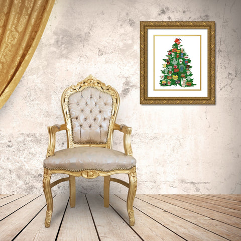 Retro Coffee Mug Christmas Tree Gold Ornate Wood Framed Art Print with Double Matting by Bucheli, Jen