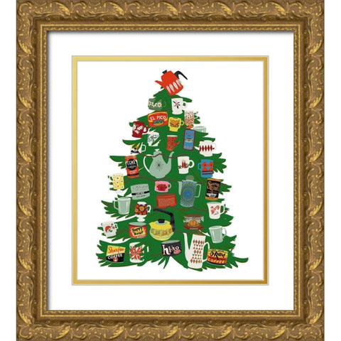 Retro Coffee Mug Christmas Tree Gold Ornate Wood Framed Art Print with Double Matting by Bucheli, Jen
