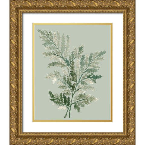 Tonal Green Ferns I Gold Ornate Wood Framed Art Print with Double Matting by Medley, Elizabeth