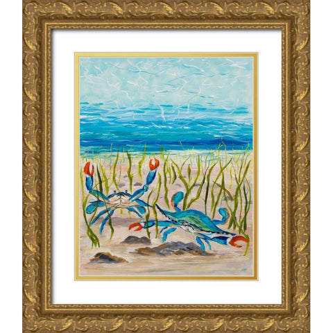 Blue Crabs Gold Ornate Wood Framed Art Print with Double Matting by DeRice, Julie