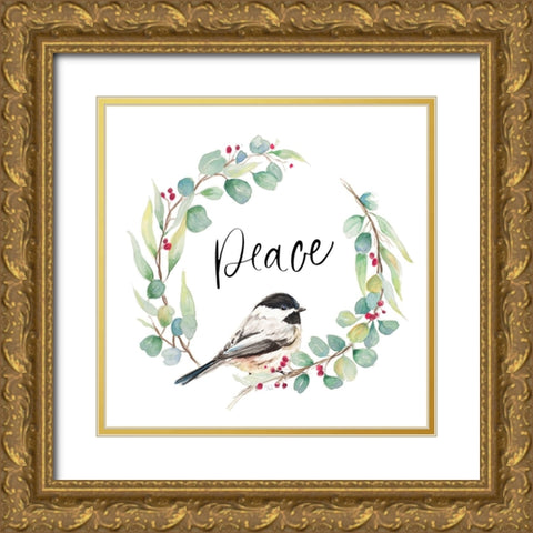 Peace Eucalyptus Wreath and Chickadee Gold Ornate Wood Framed Art Print with Double Matting by Pinto, Patricia
