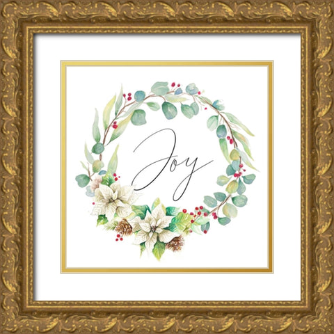 Joy Poinsettia and Eucalyptus Wreath Gold Ornate Wood Framed Art Print with Double Matting by Pinto, Patricia