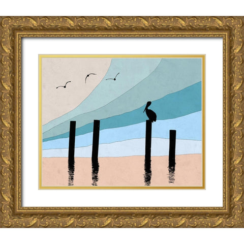 Pelican Post I Gold Ornate Wood Framed Art Print with Double Matting by Tom, Ella