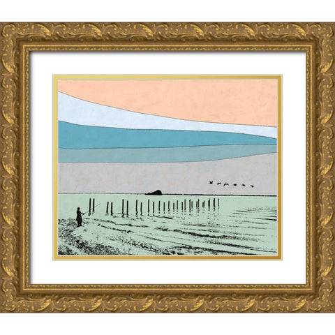 Beach Fishing Gold Ornate Wood Framed Art Print with Double Matting by Tom, Ella
