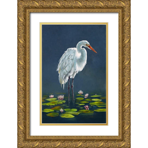 Egret Amongst The Lily Pads Gold Ornate Wood Framed Art Print with Double Matting by Sheppard, Lucca